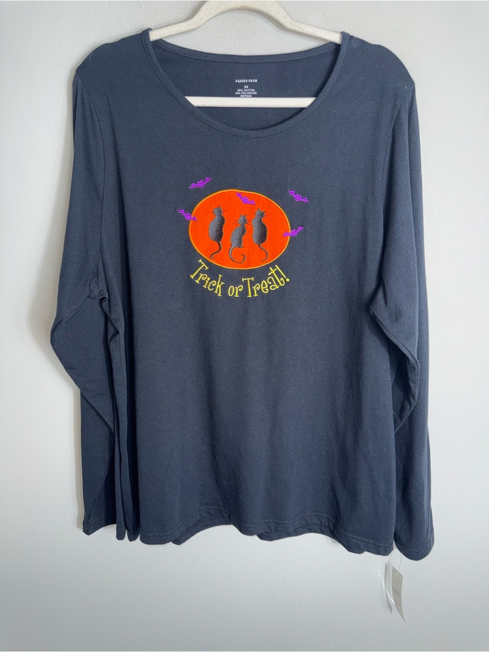 Ladies Club Long Sleeve Halloween T Shirt Top-Black-Trick Or Treat-Size 3X-NWT